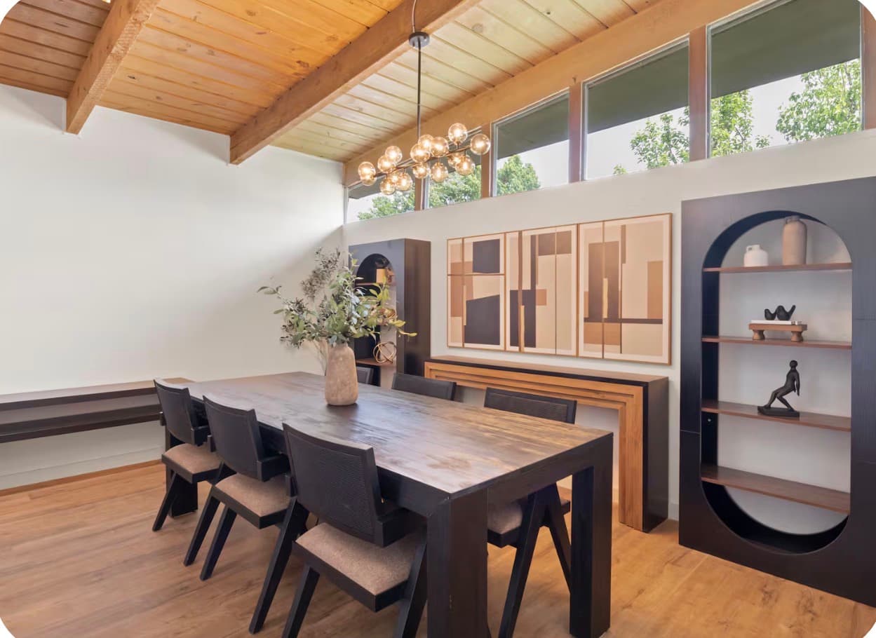 Dining area and adjoining kitchen inside the Dallas Creative Connect location.