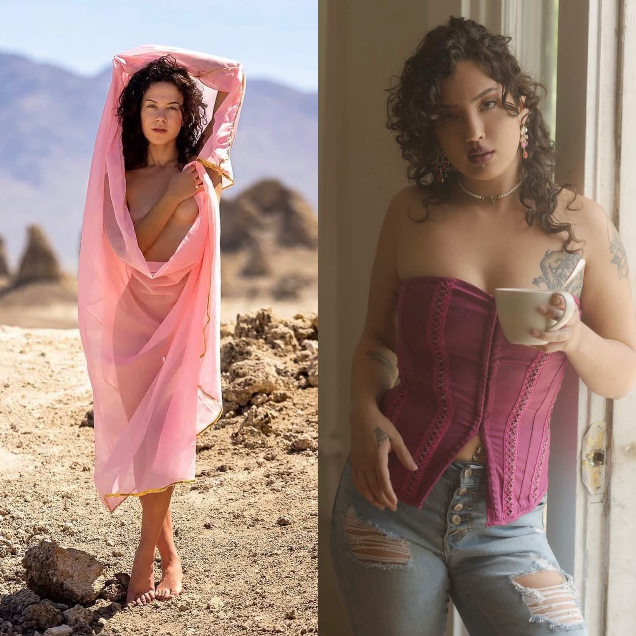 Two freelance models — one in flowing pink fabric in a desert landscape, one in a corset and jeans by a window — representing the range of artists CNC supports.